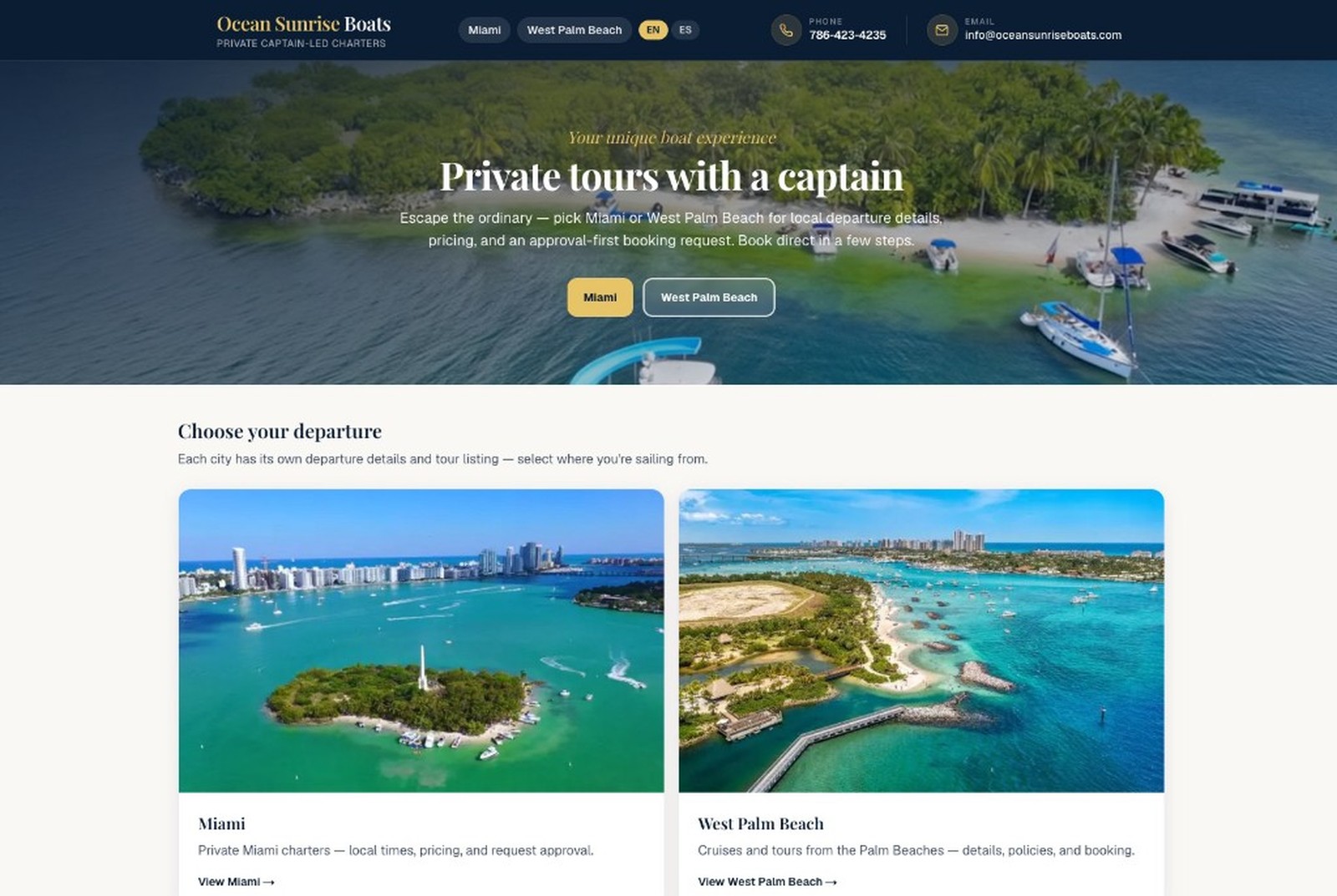 Ocean Sunrise Boats homepage with Miami and West Palm Beach booking options